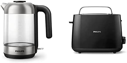 Philips Bouilloire Électrique - 1.7 L, Couvercle à Ressort et Voyant Lumineux, En Verre, Socle 360° (HD9339/80) & Grille-pain - 2 Fentes, 8 Réglages, Réchauffe-Viennoiseries, Noir (HD2581/90) Fiche Technique et Prix au Maroc