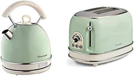 Ariete Vintage 2877 Bouilloire Électrique, 2000 Watts, 1,7 L & Vintage 155 Grille-Pain 2 Fentes, 810 Watts, 6 Niveaux de Grillage, en Acier Inoxydable Peint en Couleur Vert/Crème Fiche Technique et Prix au Maroc
