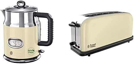 Russell Hobbs Bouilloire 1,7L, Ebullition Rapide, Couvercle Amovible, Design Vintage - Crème & Toaster Grille-Pain, Fente Large Spécial Baguette, 6 Niveaux de Brunissage, Décongèle, Réchauffe Fiche Technique et Prix au Maroc