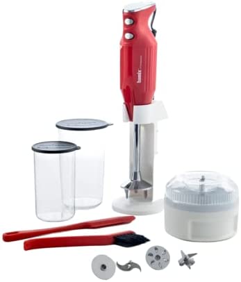 bamix Set mixeur plongeant M350 MAXX avec support, 2 gobelets, 4 accessoires, processeur, spatule, brosse de nettoyage, 350 watts, Made in Switzerland, rouge/chrome Fiche Technique et Prix au Maroc