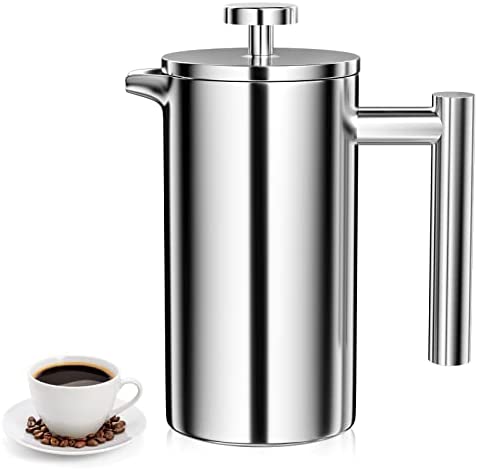 Uootach Cafetière à piston enA cier inoxydable 350 ML, Haute qualité French Press de Triple filtre en acier inoxydable, Cafetière à pression Idéal pour la maison, le voyage, le camping (argent) Fiche Technique et Prix au Maroc