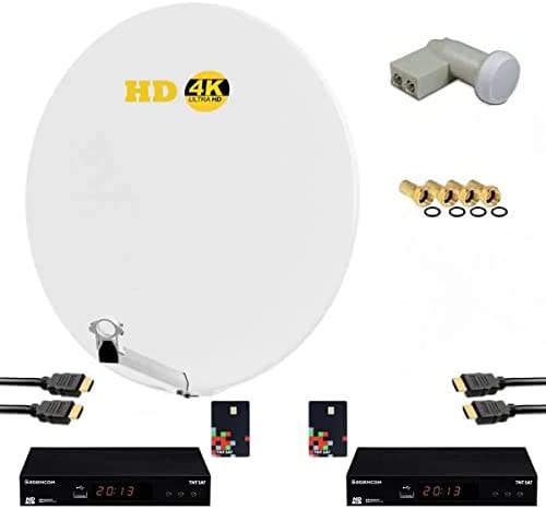 KIT Parabole Satellite HD4K Fibre Blanche 85CM + LNB Twin + 2X RÉCEPTEURS TV DS81 HD TNTSAT avec Carte Fiche Technique et Prix au Maroc
