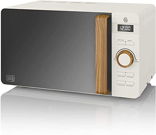 Swan Nordic Micro-ondes Numérique 20 L, 6 Niveaux de Fonctionnement, 800 W Puissance, Minuterie 30 min, Nettoyage Facile, Mode Dégivreur, Design Moderne, Poignée Effet Bois, Blanc Mat SM22036WHTNEUN Fiche Technique et Prix au Maroc