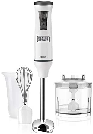 BLACK+DECKER BXHBA600E - Mixeur plongeant multifonction 3 en 1 600W, 20 vitesses + Turbo, anti-éclaboussures, verre doseur, bol hachoir, fouet, blanc Fiche Technique et Prix au Maroc