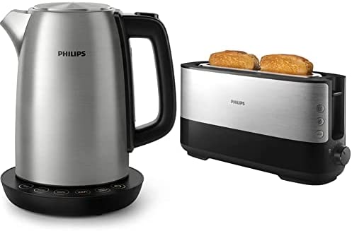 Philips Avance Collection Bouilloire avec thermostat, métal, 1,7 l, couvercle à ressort & HD2692/90 Grille-Pain Daily Métal Fente Ultra Large 950W Bouton Éjection Tiroir Ramasse-Miettes Fiche Technique et Prix au Maroc