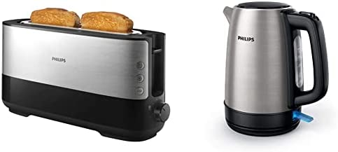 Philips HD2692/90 Grille-Pain Daily Métal Fente Ultra Large 950W Bouton Éjection Tiroir Ramasse-Miettes & HD9350 / 90 bouilloire (2200 watts, 1,7 litres, en acier inoxydable) Fiche Technique et Prix au Maroc