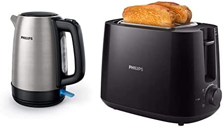 Philips HD9350 / 90 bouilloire (2200 watts, 1,7 litres, en acier inoxydable) & HD2581/90 Grille-pain Daily Collection, 8 réglages, Access, réchauffe-viennoiseries intégré, Design compact - Noir Fiche Technique et Prix au Maroc