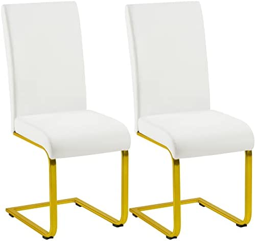 Yaheetech Lot de 2 chaises de Salle à Manger Blanches à balançoire Modernes rembourrées en Simili Cuir et Pieds en métal doré pour Bureau, Salon, Charge 135 kg Fiche Technique et Prix au Maroc