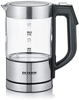 SEVERIN Bouilloire en verre 100% sans BPA, 1 100 W, Petite bouilloire réglable par palier de 5°C, Capacité : 0,5 L, Fonction Maintien au chaud, Bouilloire électrique compacte, verre/inox, WK 3458 Fiche Technique et Prix au Maroc