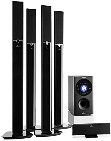 AUNA Areal 653 - Système Surround 5.1, Système d'enceintes, Subwoofer de 6,5", Quatre Enceintes colonnes, Une Enceinte Centrale, Interface Bluetooth, Deux Prises Microphone, Noir Fiche Technique et Prix au Maroc