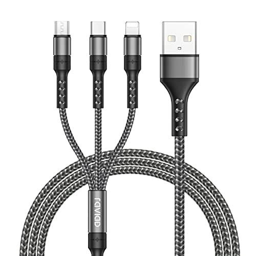 RAVIAD Câble Multi USB, 3 en 1 Câble Universel [1.2M] Multi USB Câble de Chargement en Nylon avec Micro USB Type C Lightning Câble pour iPhone, Samsung Galaxy, Huawei, Honor, OnePlus- Gris Fiche Technique et Prix au Maroc