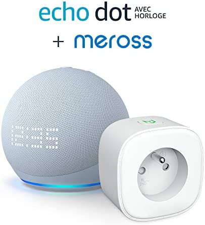 Nouvel Echo Dot (5e génération, modèle 2022) avec horloge, Bleu-gris + Meross Smart Plug (Prise connectée WiFi), Fonctionne avec Alexa - Kit de démarrage Maison connectée Fiche Technique et Prix au Maroc