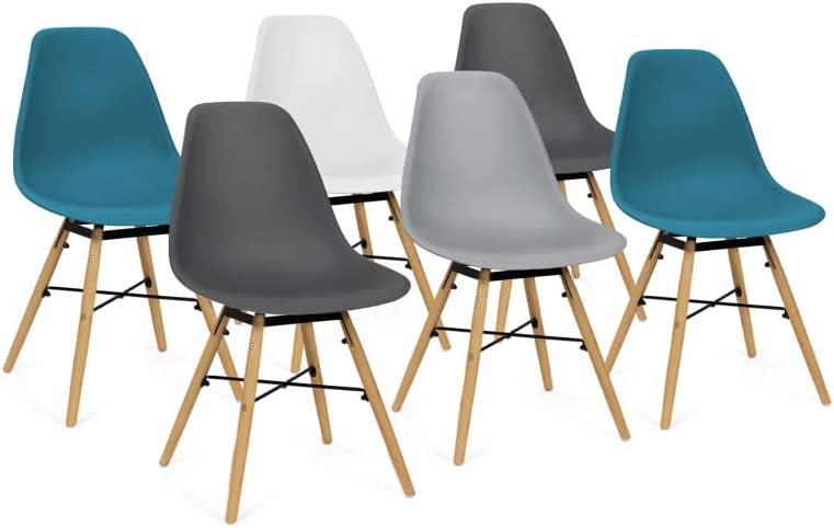 IDMarket - Lot de 6 chaises Sandra Mix Color Blanc, Gris Clair, Gris foncé x2, Bleu Canard x2 Fiche Technique et Prix au Maroc