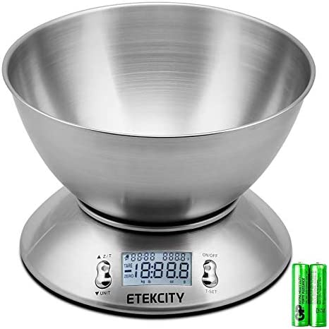 Etekcity Balance Cuisine Electronique 5 kg/1g en Inox，Balance de Précision avec Grand Ecran Rétroéclairé et Minuteur, Bol Amovible, Fonction Tare, Auto-arrêt, Piles Fournies Fiche Technique et Prix au Maroc