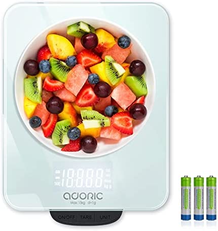 ADORIC Balance Cuisine Electronique Max 15kg Balance Cuisine Numérique de Haute Précision 1g, avec Plateforme en Verre Trempé Tactile Sensible Écran LCD Rétroéclairé Auto-arrêt Fiche Technique et Prix au Maroc