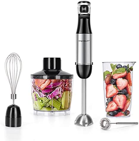 Aigostar Martin - Mixeur plongeant 5 en 1 de 1000W. Vitesse réglable mixeur soupe, acier Inoxydable. Mixer plongeur avec hachoir 500 ml, fouet, tasse à mesurer 600 ml et mousseur à lait, sans BPA Fiche Technique et Prix au Maroc