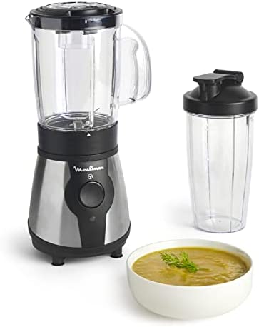 Moulinex Blender mixeur électrique, Puissance 300 W, Gourde plastique 750 ml, 4 lames amovibles, Finitions acier inoxydable, Smoothies frais et sains LM1B1D10 Fiche Technique et Prix au Maroc