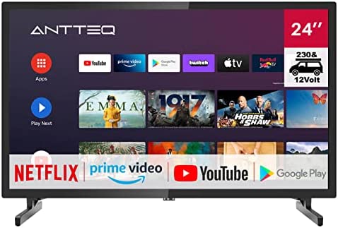 AntteQ AG24N1C Android TV 24 pouces (61 cm) Smart TV avec adaptateur de voiture 12V, Google Assistant, Chromecast, Netflix, Prime Video, Disney+, Wifi, Triple Tuner, Android TV 11,230V/12V Fiche Technique et Prix au Maroc
