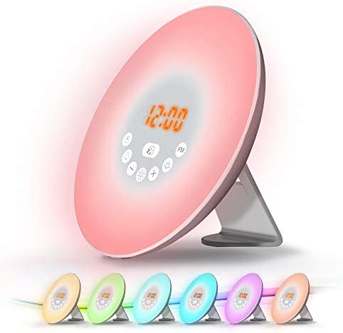 WE Radio Réveil Lumineux Lampe de Chevet Réveil Lumière LED Tactile Contrôle Sunrise, Sunset, Snooze, 6 Sons Naturels, 7 Couleurs, 10 Niveaux de Luminosité pour Bébé Enfant Adult avec Adaptateur Fiche Technique et Prix au Maroc