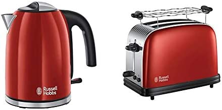 Russell Hobbs Bouilloire Familiale 1,7L, Ebullition Rapide, Filtre Anti-Calcaire Amovible Lavable - Rouge & Russell Hobbs Toaster, Grille Pain Extra Large, Cuisson Rapide et Uniforme - Rouge Fiche Technique et Prix au Maroc