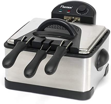 Bestron Friteuse familiale avec zone froide, 3 paniers, 4 litres, Capacité de 1,5 kg/2x750 g de friture, Fenêtre de visualisation, 2000 W, Acier inoxydable Fiche Technique et Prix au Maroc