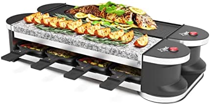 SUNTEC Raclette RAC-8069 Flex 8 metal/stone [pour 8 personnes, gril & pierre naturelle, l'appareil replie/déplie (rotation à 180°) grâce à la structure articulée innovante, max. 1400 watt] Fiche Technique et Prix au Maroc