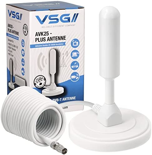 VSG24 91032 - Antenne DVB-T2 (HD), AVK25 Plus, Chaînes TV, HD Free TV, Sat, Récepteur de programmes TV, Digital Ready, Plug & Play, Câble de 5m - Blanc Fiche Technique et Prix au Maroc