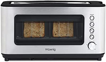 H.Koenig Grille pain Toaster 2 tranches VIEW7 Fentes larges Vitre Transparente Inox vintage, 6 niveaux de brunissage, Décongélation, Pain Viennoiseries, Centrage auto, Nettoyage facile, 37x19x15cm Fiche Technique et Prix au Maroc