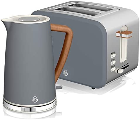 Swan Nordic Set Desayuno Bouilloire sans fil 1,7 L 3000 W Grille-pain à fente large 2 tranches 3 fonctions Design moderne Effet bois Gris Fiche Technique et Prix au Maroc