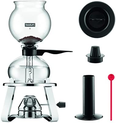Bodum K1218-16 Set Cafetière à dépression, 8 Tasses, 1.0 l, avec réchaud à gaz Rechargeable et Son Support en INOX, Verre, Transparent, 20,9 x 20,9 x 38,8 cm Fiche Technique et Prix au Maroc