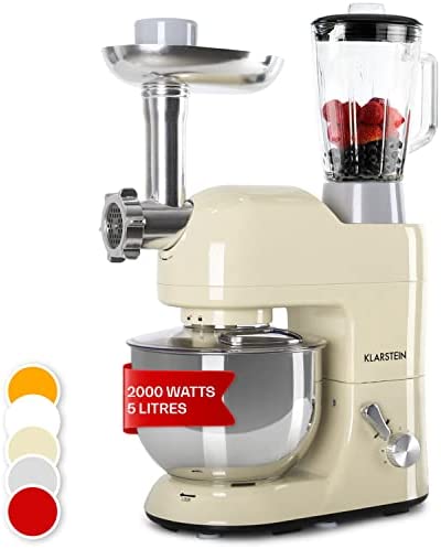 Klarstein Robot Patissier Multifonctions, Batteur sur Socle, Bol 5L, Robot Cuisine 2000W, Blender 1.5L, Robot Multifonction Petrin Boulangerie, Hachoir à Viande, Batteur Electrique Cuisine, 6 Vitesses Fiche Technique et Prix au Maroc