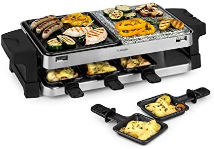 Klarstein Sirloin - Raclette gril 1500W, Pour 8 personnes, Plaque de gril en pierre naturelle, Appareil à Raclette 8 poêlons à raclette antiadhésifs, Gril en aluminium, Thermostat réglable, Argent Fiche Technique et Prix au Maroc