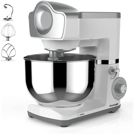 ELESTYLE Robot Pâtissier 1500W, 6L Batteurs sur socle, 6 Vitesses Robot Pétrin Multifonction Robot Cuisine avec Bol D'Acier Inox , Batteur, Fouet, Crochet (Blanc) Fiche Technique et Prix au Maroc