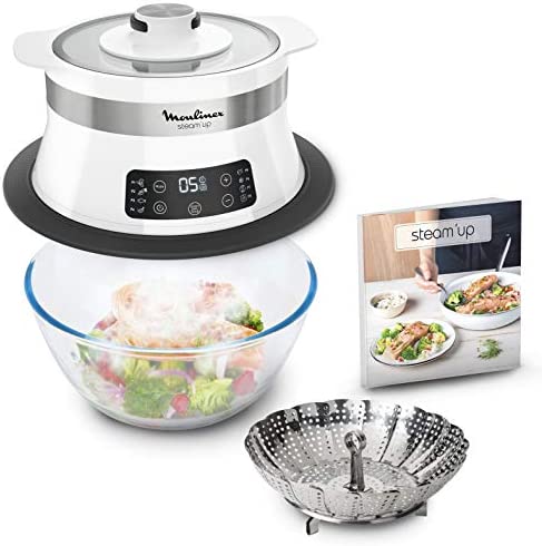 Moulinex Steam Up Cuiseur Vapeur 8 Programmes S'adapte à Tous les Formats de Plats Nettoyage Facile Nutriments Préservés Rangement Facile Livret de Recette Blanc VJ504010 Fiche Technique et Prix au Maroc