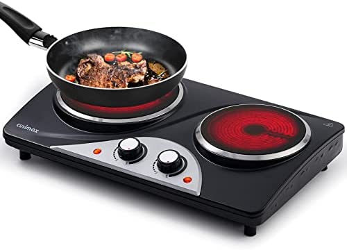 Plaque de cuisson électrique double CUSIMAX 2100W avec chaleur infrarouge, idéale pour la cuisine, le jardin et le camping, plaque de cuisson en acier inoxydable avec thermostat réglable Fiche Technique et Prix au Maroc