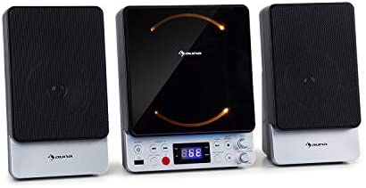 AUNA Microstar Sing - chaîne karaoké Verticale Micro système, Lecteur CD, Bluetooth, Enceintes stéréo, Port USB, Tuner FM, entrée/Sortie vidéo AUX, écran LCD, éclairage LED - Argent Fiche Technique et Prix au Maroc