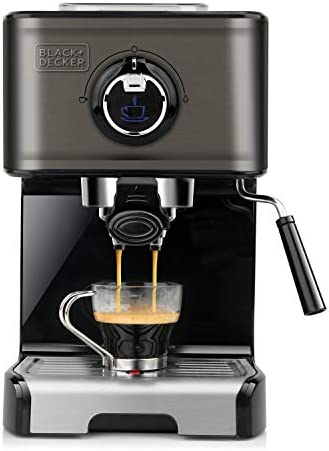 BLACK+DECKER BXCO1200E - Machine à Expresso 1200 W, 15 Bars, Réservoir 1,2 L, pour Dosette et Moulu, 2 Tasses, Buse Vapeur, Plaque Chauffante, Noir et Inox Fiche Technique et Prix au Maroc