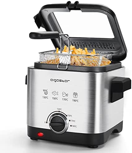 Aigostar Fries 3000041ZD - Friteuse compacte 100% sans BPA avec grande fenetre de vue et controle de la temperature. Acier inoxydable de type 304. 900W, capacite de 1,5L. Design exclusif Fiche Technique et Prix au Maroc