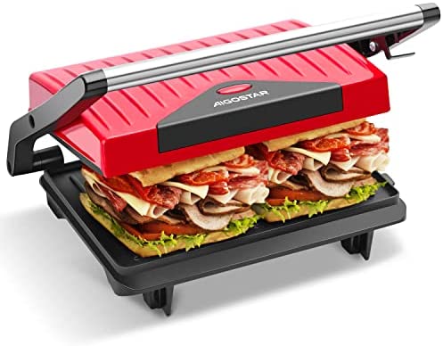 Aigostar Warme 30HHH - Grill multifonction, plancha, presse à paninis, appareil à sandwichs. 750W, plaques anti-adhésives, poignée froide. Sans BPA. Couleur rouge et noir. Design exclusif. Fiche Technique et Prix au Maroc