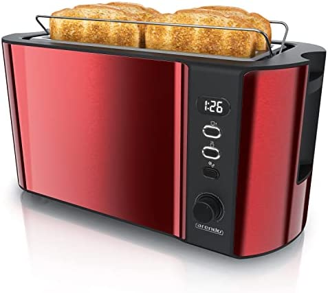 Arendo - Grille Pain 2 Larges Fentes 4 tranches écran Digital - Grille-Pain Automatique 3en1-1500W - 6 Niveaux réglable décongélation réchauffe viennoiseries Plateau à miettes -Toaster Rouge Carmin Fiche Technique et Prix au Maroc