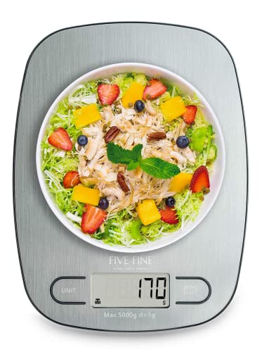 FiveFine Balance Cuisine Electronique, Balance de Précision, Balance Numérique de Cuisine de Haute Précision, 5kg/1g, 2 piles incluses, Acier Inoxydable Tactile Sensible Écran LCD Auto-arrêt Fiche Technique et Prix au Maroc