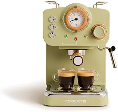 CREATE / THERA MATT RETRO / Machine à café expresso Pistache / Pour café moulu et mono-dosettes ESE, Cafetière semi-automatique de 1100 W de puissance et munie d’une pompe à pression de 15 bars. Fiche Technique et Prix au Maroc