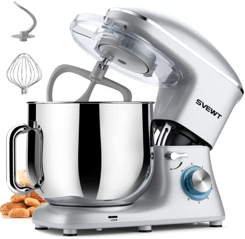 SVEWT Robot Pâtissier Multifonctions de Cuisine 660W 8L, Puissant, Métalique, Mixeur Batteur sur Scole, avec Batteur, Fouet, Crochet Pétrin, Robot de Cuisine avec Couvercle Anti-éclaboussure (Silver) Fiche Technique et Prix au Maroc