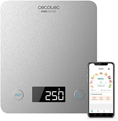 Cecotec Balance de cuisine Cook Control 10000 Connected avec App, Finissions en acier inox, Précision d'1 g, Capacité de 5kg, Écran LCD, Revêtement anti-empreintes, Design extra-plat Fiche Technique et Prix au Maroc