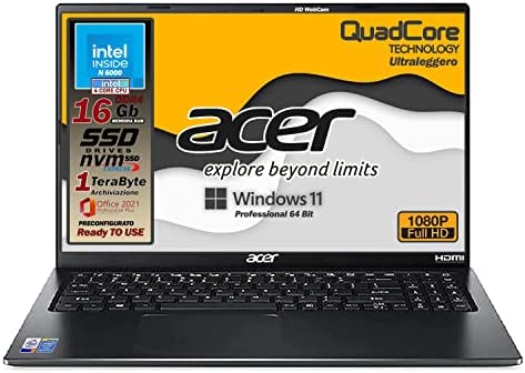 Acer Ordinateur portable Ram 16 Go, CPU Intel N 6000, 4 cœurs, SSHD 1 To, écran 15,6" Full HD LED, 3 USB, wi-fi, hdmi, BT, lan, Win 11 Pro, Office Pro, prêt à l'emploi, Gar. et mise en page Italie Fiche Technique et Prix au Maroc