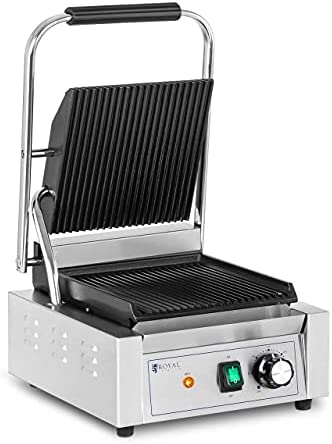 Royal Catering RCPKG-1800-R Machine À Panini Appareil Toaster Presse RCPKG-1800-R (1 800 W, Rainurée, 50 - 300 °C, Avec Collecteur de graisse, Inox/fonte de fer) Fiche Technique et Prix au Maroc