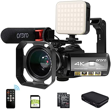 ORDRO Caméra Vidéo 4K Caméscope Full HD 1080P 60FPS Vlogging Caméra pour Youtube Zoom Numérique 30X Écran IPS 3,1" avec Microphone, Lumière LED, Support de Caméra et étui de Transport Fiche Technique et Prix au Maroc