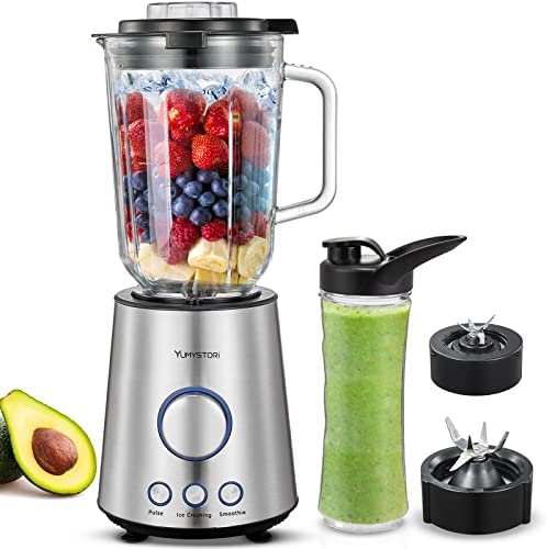 Blender Mixeur Smoothie,Yumystori 1000W Mixeur Electrique 1.5 L Bol Verre avec 6 Lames,600ml Bouteilles avec 6 Lames,Multifonction ,Ice Crush,Smoothie,Pulse,23000 u/Min Fiche Technique et Prix au Maroc