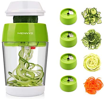 MENNYO Coupe Légumes Spirale avec Boîte , 4 en 1 Spiraliseur de Légumes Spiralizer Legume Spaghetti Mandoline Cuisine, Trancheuse Pour Courgettes, Carottes ,Tagliatelles de Légumes, Concombres (Vert) Fiche Technique et Prix au Maroc
