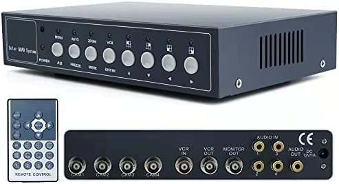 4 canaux Processeur commutateur multiplexer Quad vidéo couleurs temps réel pour caméras surveillance, Zoom numérique, congel vidéo, alarme perte vidéo, détection de mouvement, entrée audio Fiche Technique et Prix au Maroc